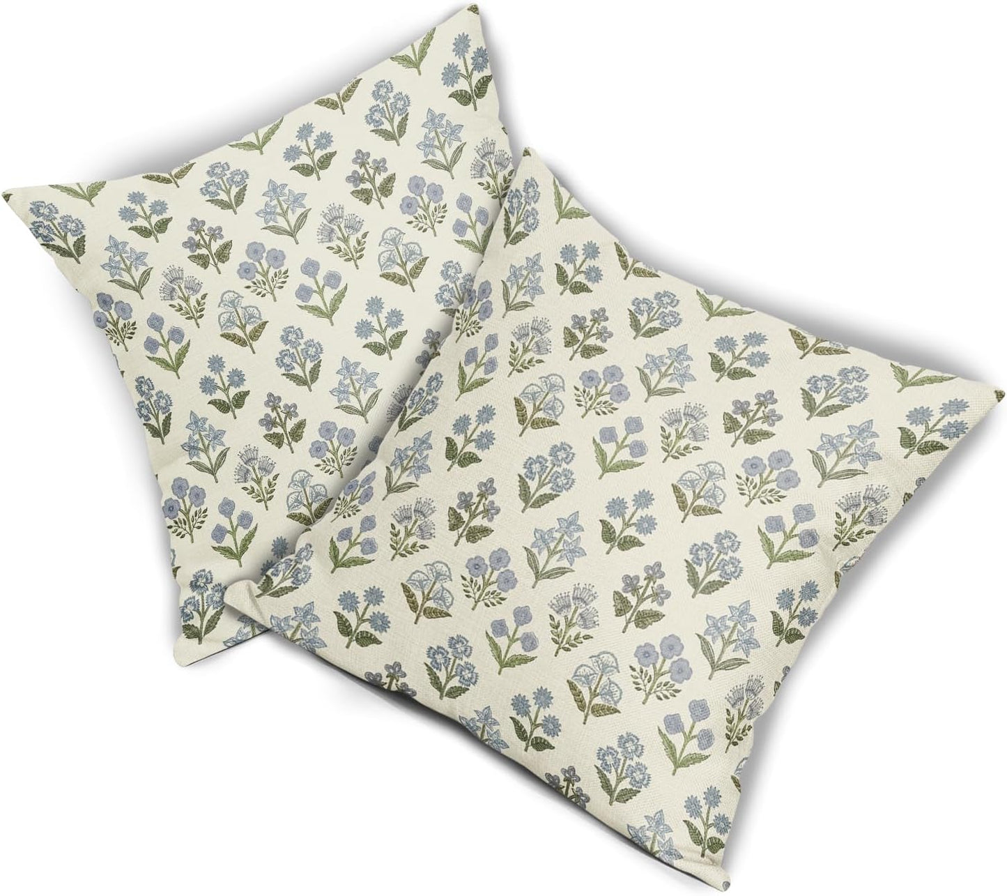 Blue Green Block Print Pillow Covers 18x18 Inch Set of 2, Vintage Floral Spring Decorative Throw Pillow Cases Boho Cushion Covers Rustic Decoration Gift Farmhouse Sofa Couch Bed Decor