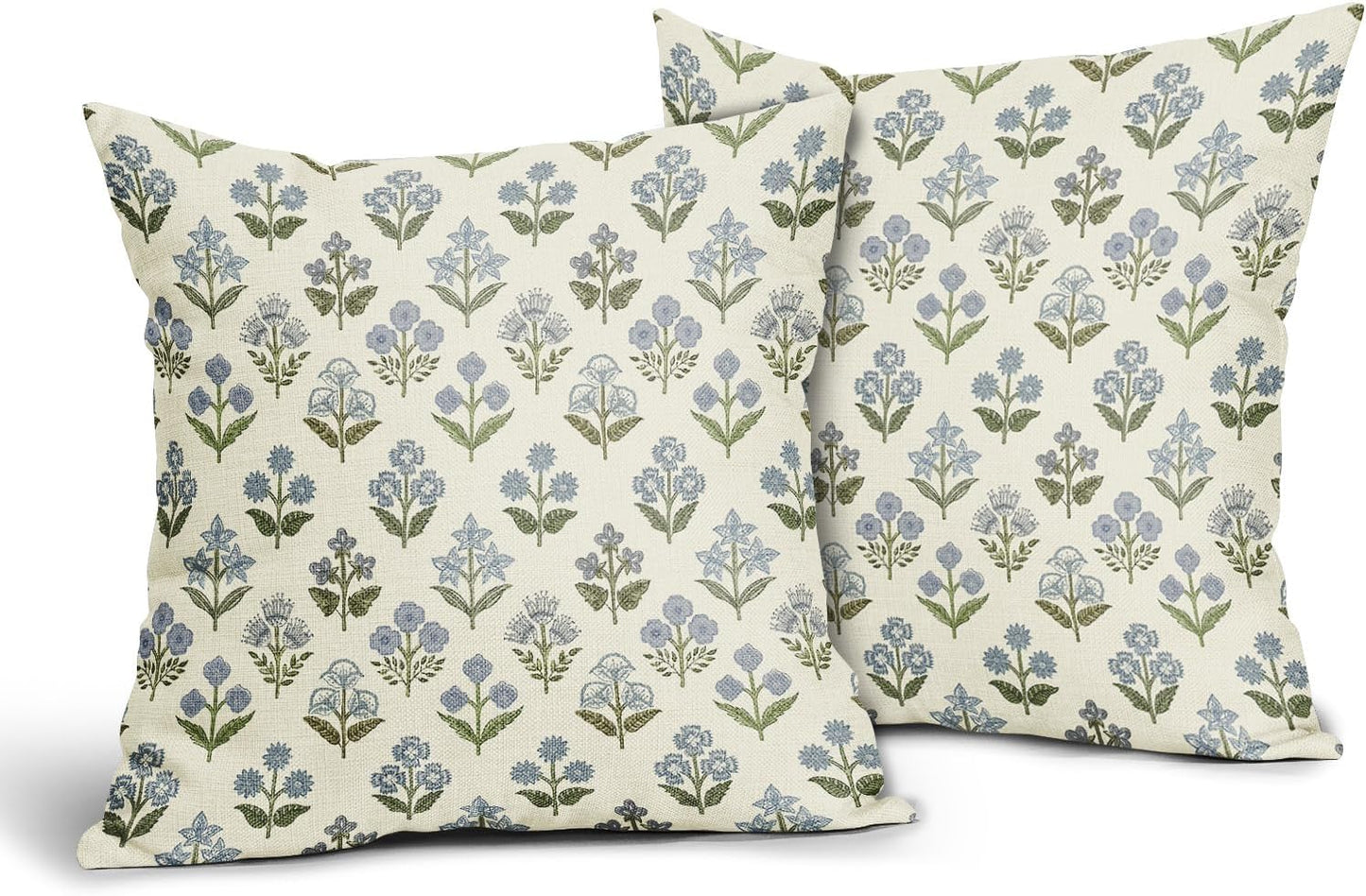 Blue Green Block Print Pillow Covers 18x18 Inch Set of 2, Vintage Floral Spring Decorative Throw Pillow Cases Boho Cushion Covers Rustic Decoration Gift Farmhouse Sofa Couch Bed Decor