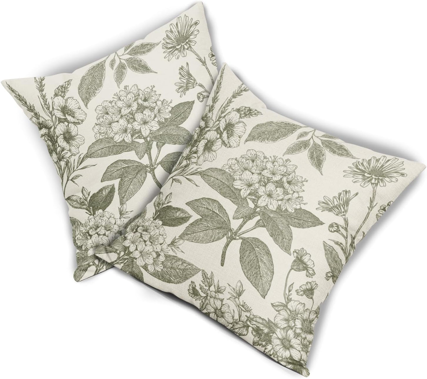 Sage Green Floral Pillow Covers 18x18 Inch Set of 2 Spring Flower Pattern Print Vintage Decorative Throw Pillowcases Neutral Seasonal Outdoor Rustic Farmhouse Cushion Cases Decor for Sofa Couch Bed