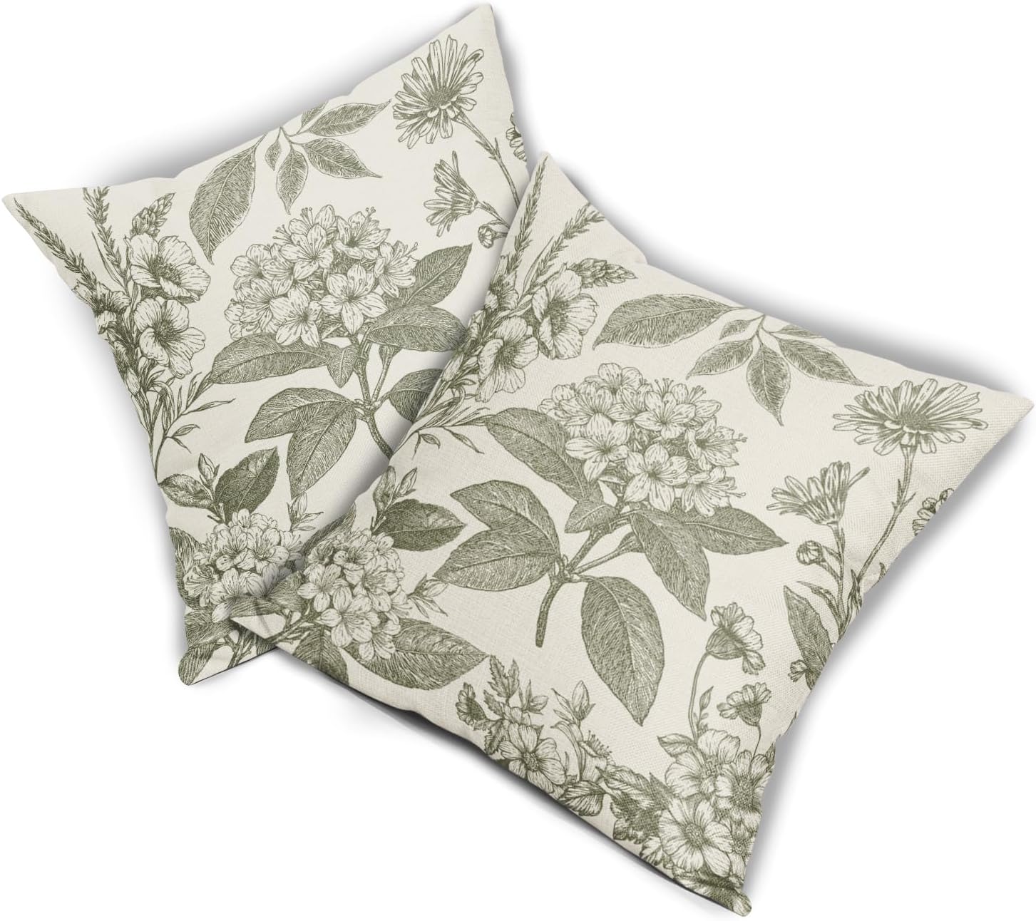 Sage Green Floral Pillow Covers 18x18 Inch Set of 2 Spring Flower Pattern Print Vintage Decorative Throw Pillowcases Neutral Seasonal Outdoor Rustic Farmhouse Cushion Cases Decor for Sofa Couch Bed