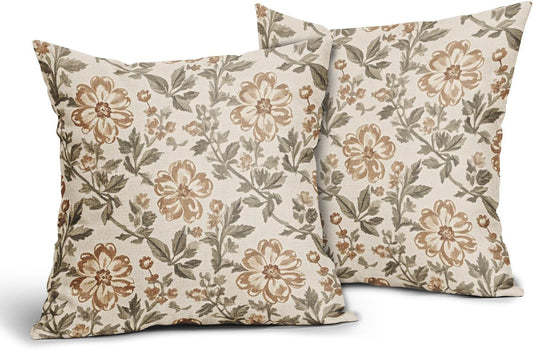 Vintage Floral Block Print Pillow Covers 20x20 Inch Set of 2, Brown Olive Green Antique Flower Pattern Decorative Throw Pillowcases Outdoor Farmhouse Cushion Covers Art Decor for Sofa Couch Bed