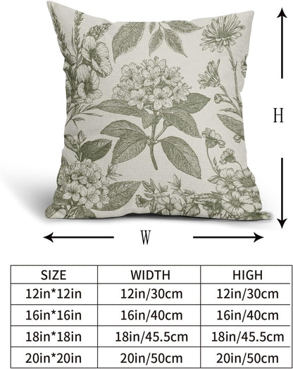 Sage Green Floral Pillow Covers 18x18 Inch Set of 2 Spring Flower Pattern Print Vintage Decorative Throw Pillowcases Neutral Seasonal Outdoor Rustic Farmhouse Cushion Cases Decor for Sofa Couch Bed