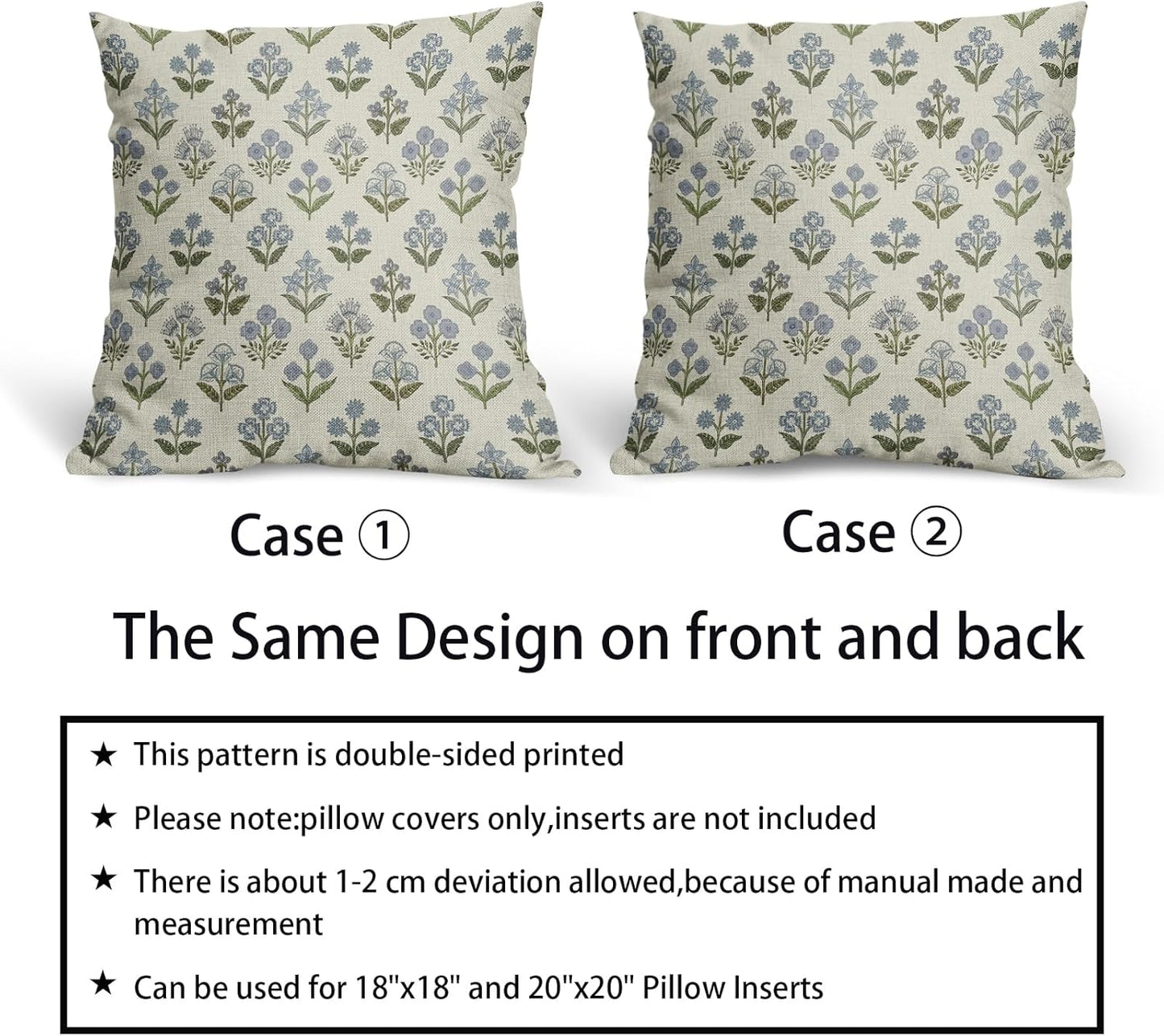 Blue Green Block Print Pillow Covers 18x18 Inch Set of 2, Vintage Floral Spring Decorative Throw Pillow Cases Boho Cushion Covers Rustic Decoration Gift Farmhouse Sofa Couch Bed Decor
