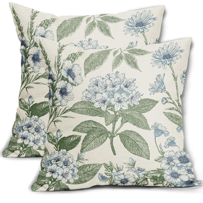 Sage Green Floral Pillow Covers 18x18 Inch Set of 2 Spring Flower Pattern Print Vintage Decorative Throw Pillowcases Neutral Seasonal Outdoor Rustic Farmhouse Cushion Cases Decor for Sofa Couch Bed