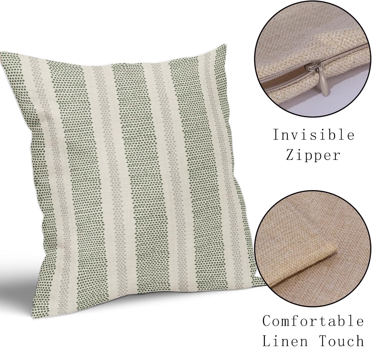 Sage Green Striped Pillow Covers 18x18 Inch Set of 2 Grey Cream Stripe Polka Dots Modern Boho Pattern Decorative Throw Pillowcases Outdoor Neutral Cushion Cases Decor for Sofa Couch Bed