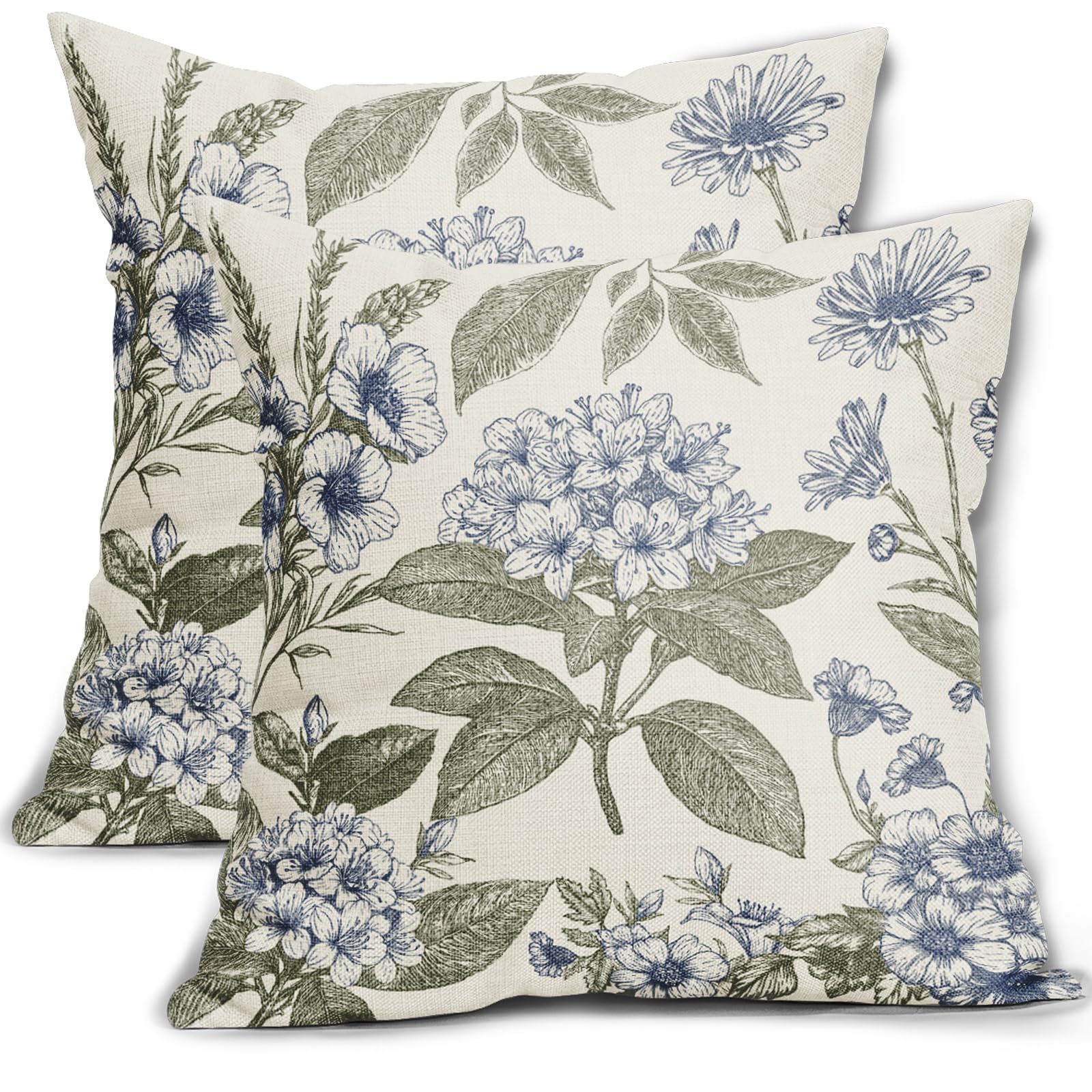 Sage Green Floral Pillow Covers 18x18 Inch Set of 2 Spring Flower Pattern Print Vintage Decorative Throw Pillowcases Neutral Seasonal Outdoor Rustic Farmhouse Cushion Cases Decor for Sofa Couch Bed