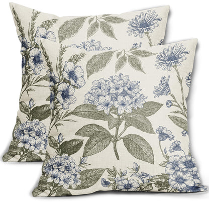 Sage Green Floral Pillow Covers 18x18 Inch Set of 2 Spring Flower Pattern Print Vintage Decorative Throw Pillowcases Neutral Seasonal Outdoor Rustic Farmhouse Cushion Cases Decor for Sofa Couch Bed