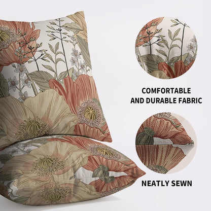 Vintage Floral Pillow Covers 20x20 Inch Set of 2, Brown Rust Colored Flowers Botanical Decorative Throw Pillow Cases Cushion Covers Rustic Decoration Gift Farmhouse Sofa Couch Bed Decor