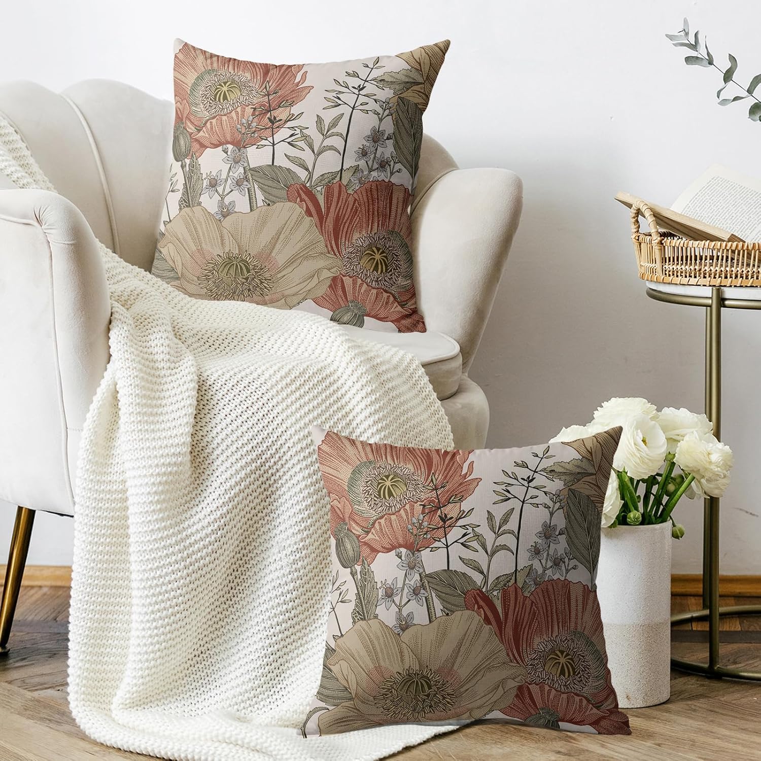 Vintage Floral Pillow Covers 20x20 Inch Set of 2, Brown Rust Colored Flowers Botanical Decorative Throw Pillow Cases Cushion Covers Rustic Decoration Gift Farmhouse Sofa Couch Bed Decor