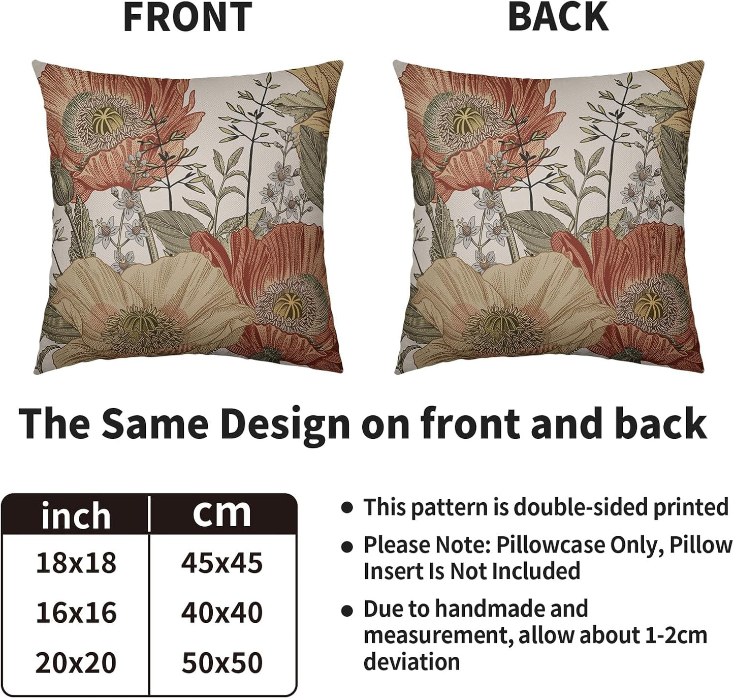 Vintage Floral Pillow Covers 20x20 Inch Set of 2, Brown Rust Colored Flowers Botanical Decorative Throw Pillow Cases Cushion Covers Rustic Decoration Gift Farmhouse Sofa Couch Bed Decor