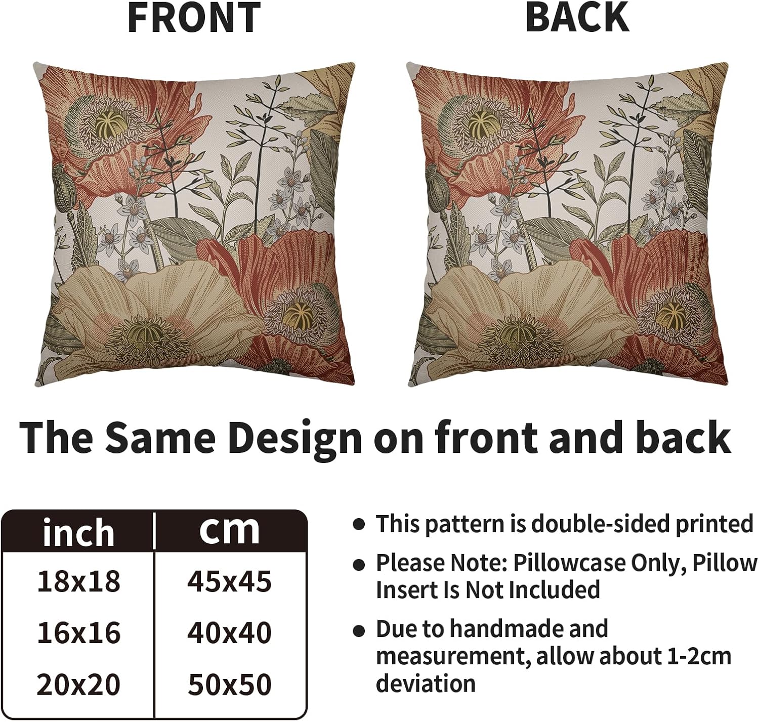 Vintage Floral Pillow Covers 20x20 Inch Set of 2, Brown Rust Colored Flowers Botanical Decorative Throw Pillow Cases Cushion Covers Rustic Decoration Gift Farmhouse Sofa Couch Bed Decor