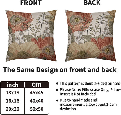 Vintage Floral Pillow Covers 20x20 Inch Set of 2, Brown Rust Colored Flowers Botanical Decorative Throw Pillow Cases Cushion Covers Rustic Decoration Gift Farmhouse Sofa Couch Bed Decor