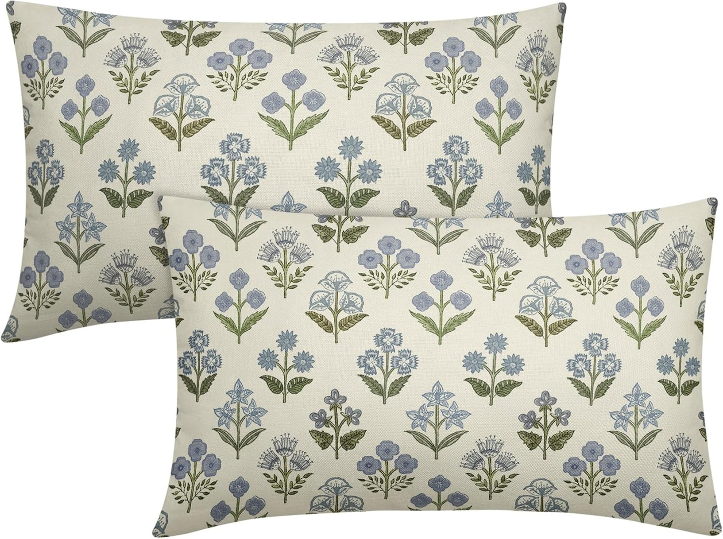 Blue Green Block Print Pillow Covers 18x18 Inch Set of 2, Vintage Floral Spring Decorative Throw Pillow Cases Boho Cushion Covers Rustic Decoration Gift Farmhouse Sofa Couch Bed Decor