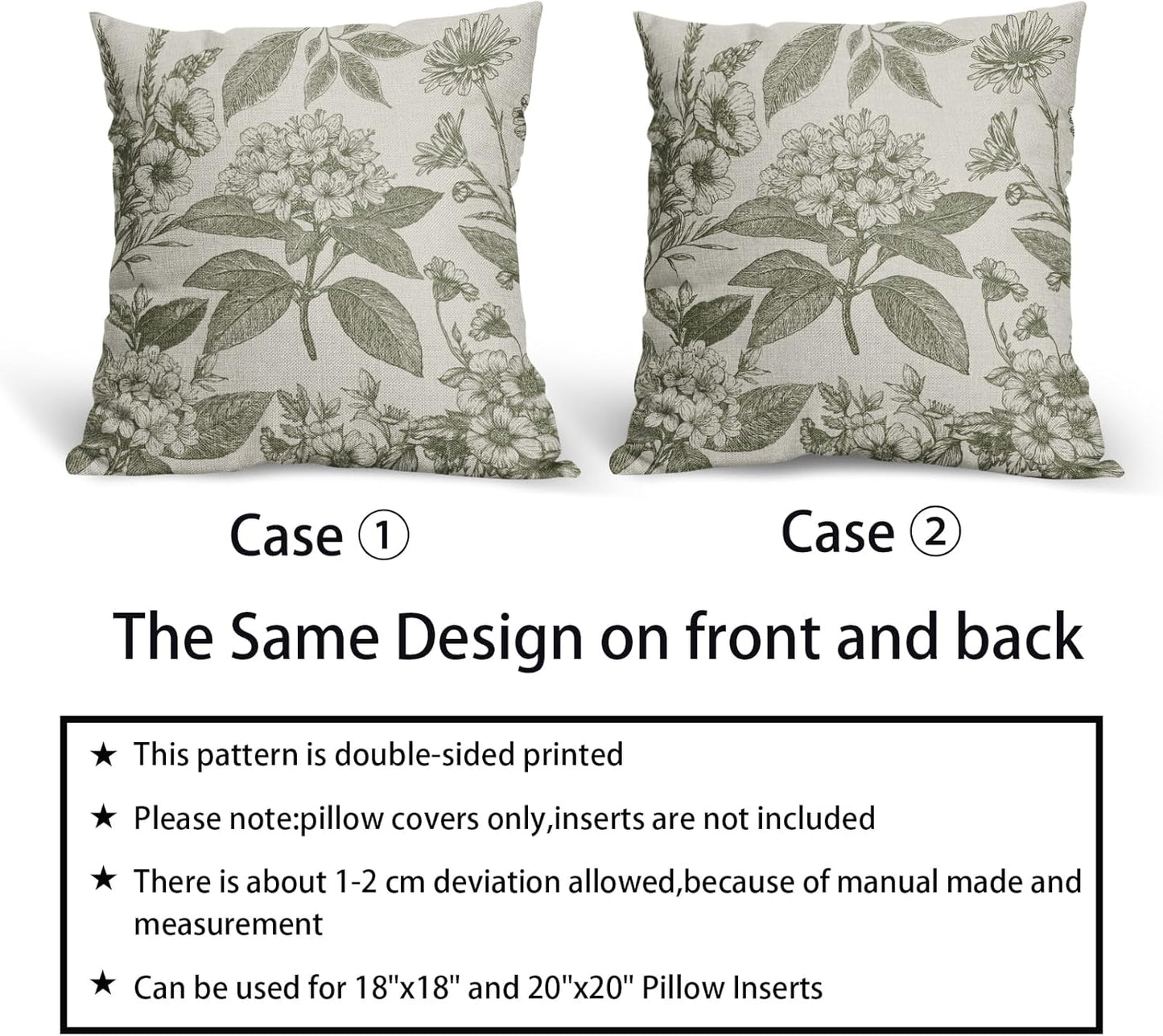Sage Green Floral Pillow Covers 18x18 Inch Set of 2 Spring Flower Pattern Print Vintage Decorative Throw Pillowcases Neutral Seasonal Outdoor Rustic Farmhouse Cushion Cases Decor for Sofa Couch Bed