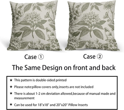 Sage Green Floral Pillow Covers 18x18 Inch Set of 2 Spring Flower Pattern Print Vintage Decorative Throw Pillowcases Neutral Seasonal Outdoor Rustic Farmhouse Cushion Cases Decor for Sofa Couch Bed