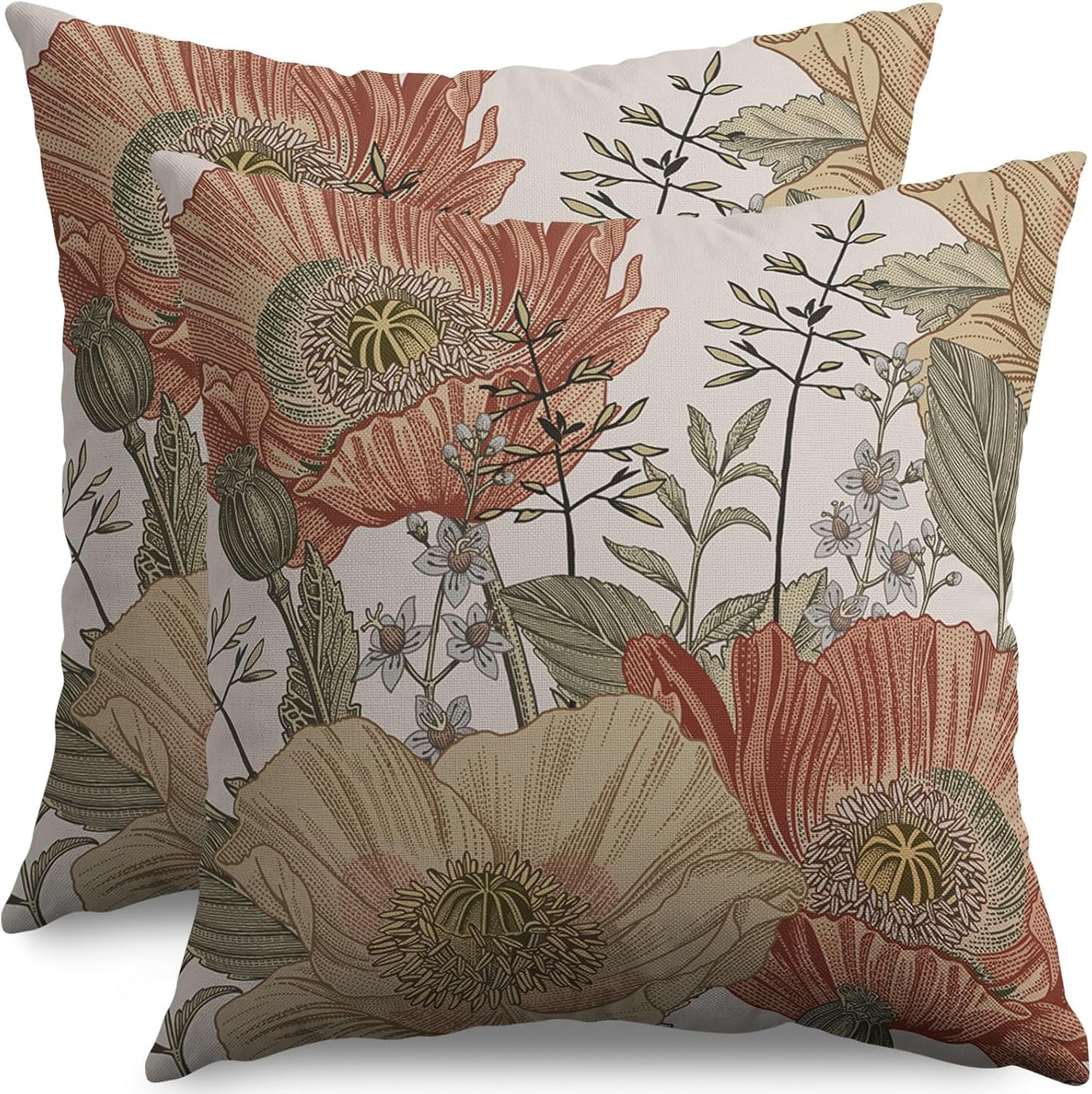 Vintage Floral Pillow Covers 20x20 Inch Set of 2, Brown Rust Colored Flowers Botanical Decorative Throw Pillow Cases Cushion Covers Rustic Decoration Gift Farmhouse Sofa Couch Bed Decor