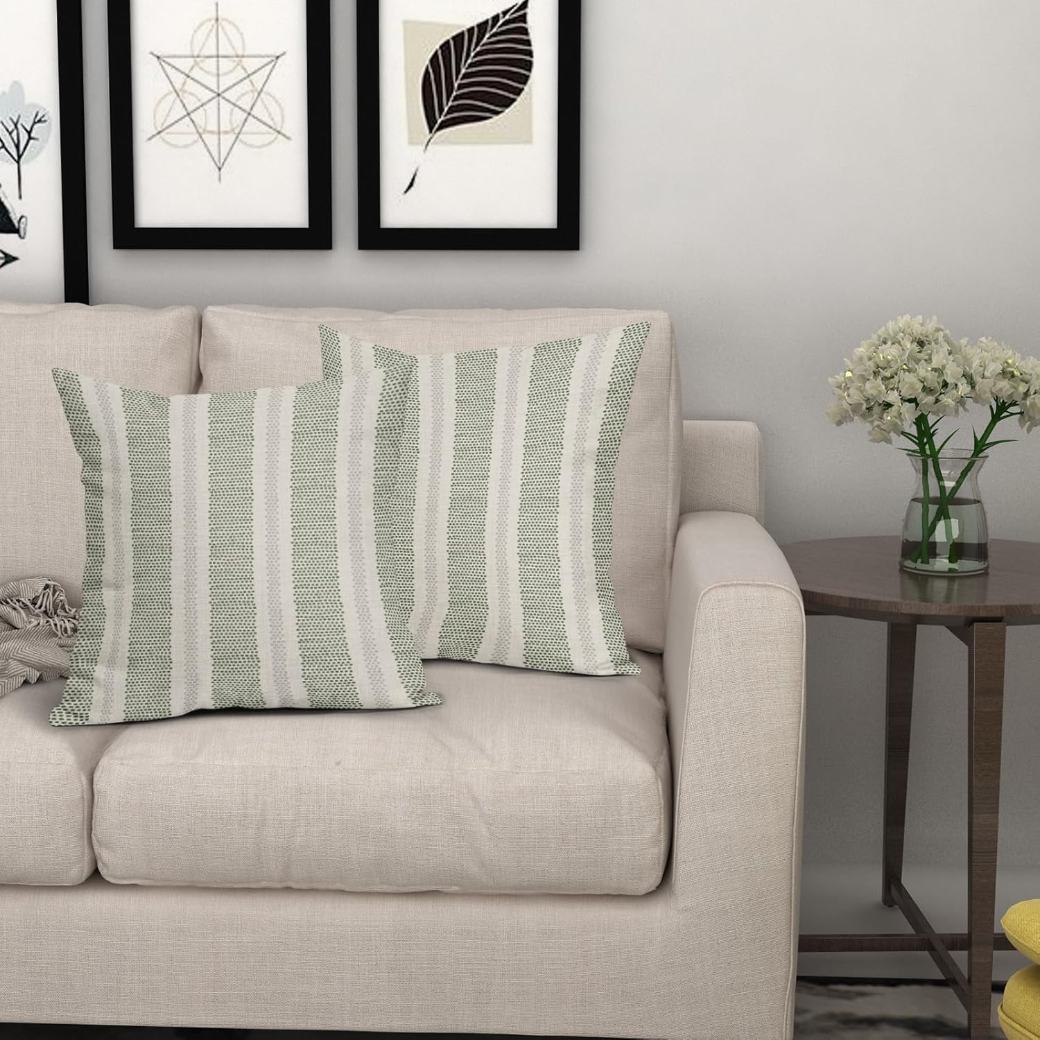 Sage Green Striped Pillow Covers 18x18 Inch Set of 2 Grey Cream Stripe Polka Dots Modern Boho Pattern Decorative Throw Pillowcases Outdoor Neutral Cushion Cases Decor for Sofa Couch Bed