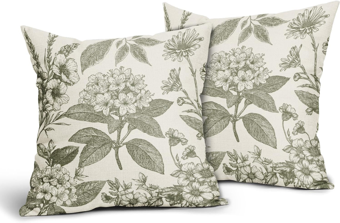 Sage Green Floral Pillow Covers 18x18 Inch Set of 2 Spring Flower Pattern Print Vintage Decorative Throw Pillowcases Neutral Seasonal Outdoor Rustic Farmhouse Cushion Cases Decor for Sofa Couch Bed