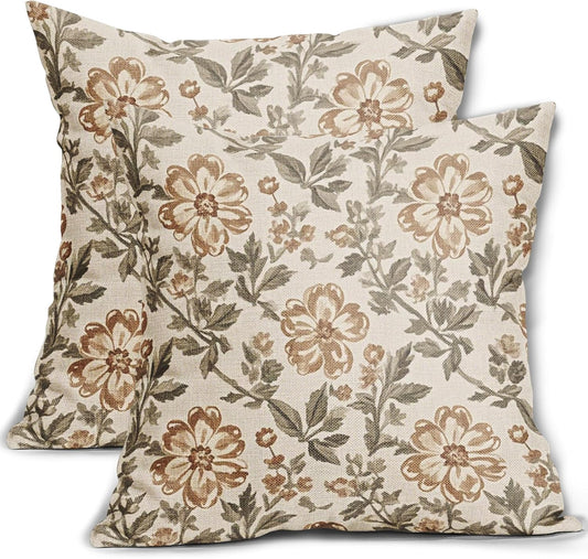 Vintage Floral Block Print Pillow Covers 20x20 Inch Set of 2, Brown Olive Green Antique Flower Pattern Decorative Throw Pillowcases Outdoor Farmhouse Cushion Covers Art Decor for Sofa Couch Bed