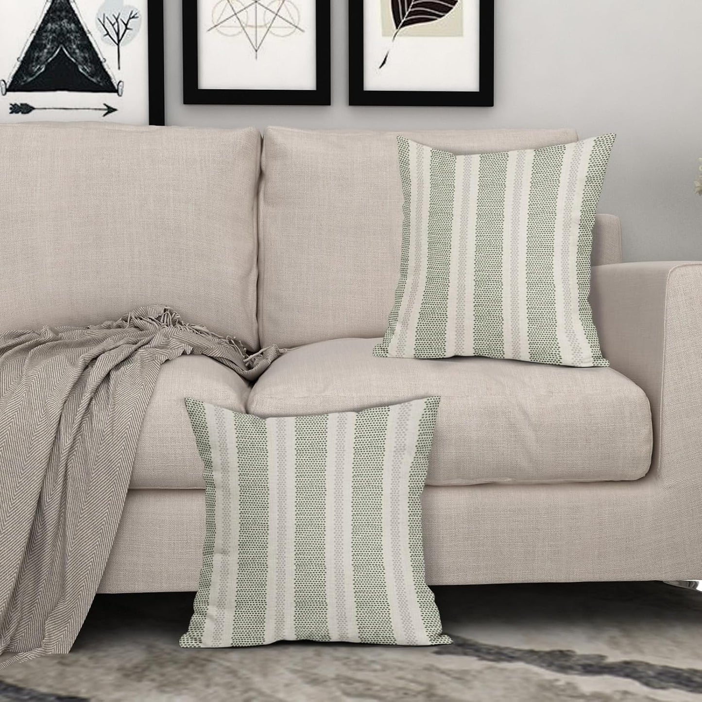 Sage Green Striped Pillow Covers 18x18 Inch Set of 2 Grey Cream Stripe Polka Dots Modern Boho Pattern Decorative Throw Pillowcases Outdoor Neutral Cushion Cases Decor for Sofa Couch Bed