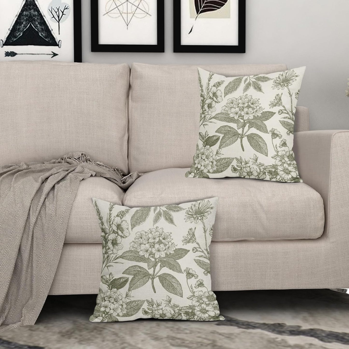 Sage Green Floral Pillow Covers 18x18 Inch Set of 2 Spring Flower Pattern Print Vintage Decorative Throw Pillowcases Neutral Seasonal Outdoor Rustic Farmhouse Cushion Cases Decor for Sofa Couch Bed