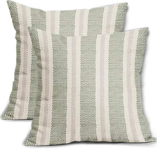 Sage Green Striped Pillow Covers 18x18 Inch Set of 2 Grey Cream Stripe Polka Dots Modern Boho Pattern Decorative Throw Pillowcases Outdoor Neutral Cushion Cases Decor for Sofa Couch Bed
