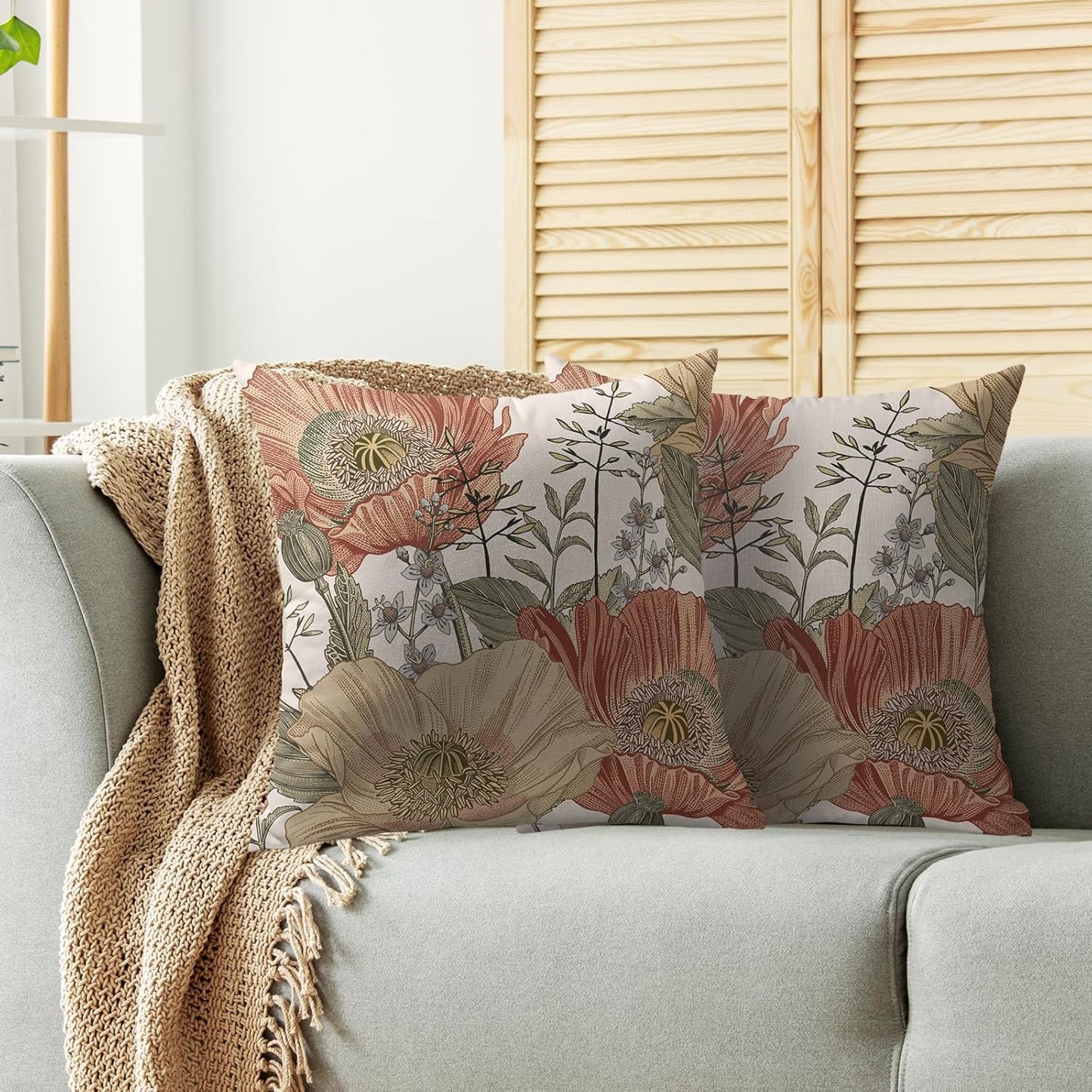 Vintage Floral Pillow Covers 20x20 Inch Set of 2, Brown Rust Colored Flowers Botanical Decorative Throw Pillow Cases Cushion Covers Rustic Decoration Gift Farmhouse Sofa Couch Bed Decor