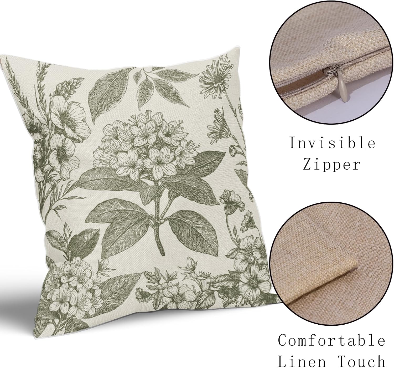 Sage Green Floral Pillow Covers 18x18 Inch Set of 2 Spring Flower Pattern Print Vintage Decorative Throw Pillowcases Neutral Seasonal Outdoor Rustic Farmhouse Cushion Cases Decor for Sofa Couch Bed
