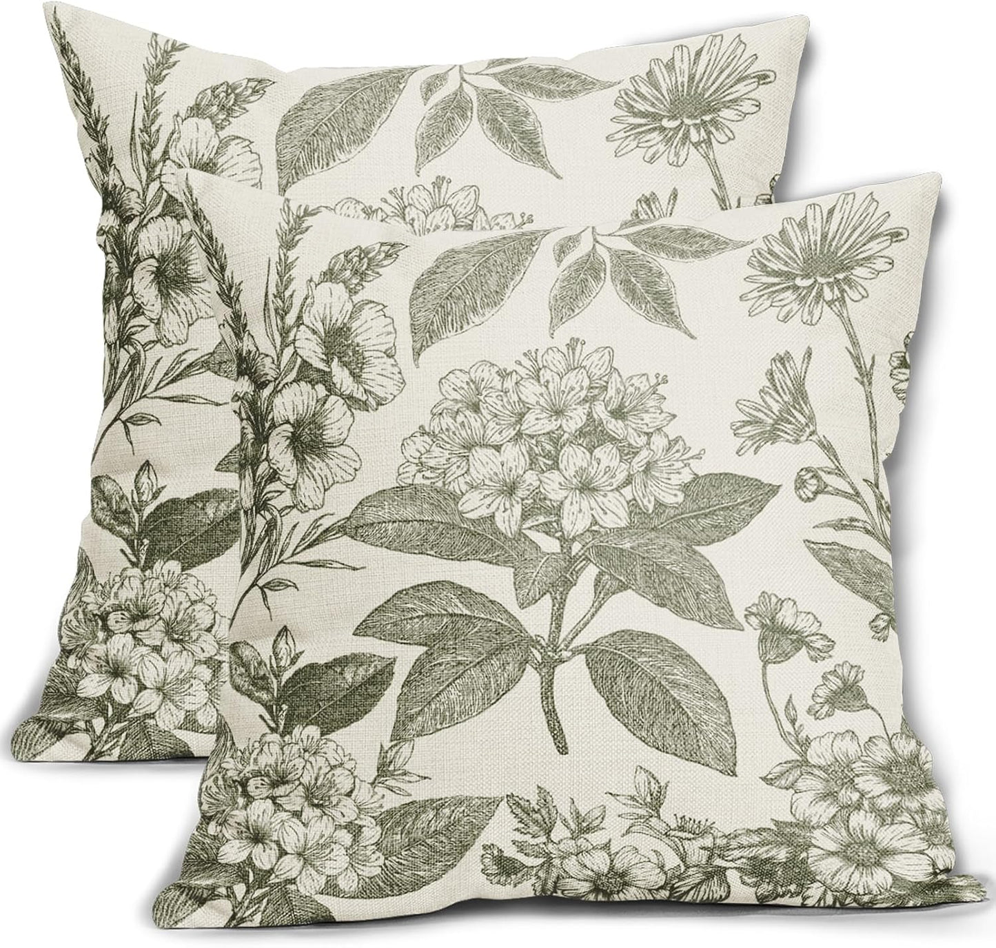 Sage Green Floral Pillow Covers 18x18 Inch Set of 2 Spring Flower Pattern Print Vintage Decorative Throw Pillowcases Neutral Seasonal Outdoor Rustic Farmhouse Cushion Cases Decor for Sofa Couch Bed