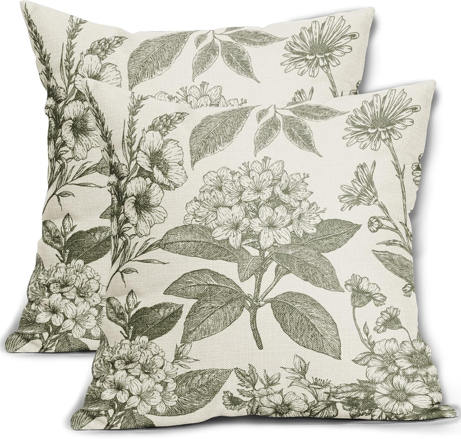 Sage Green Floral Pillow Covers 18x18 Inch Set of 2 Spring Flower Pattern Print Vintage Decorative Throw Pillowcases Neutral Seasonal Outdoor Rustic Farmhouse Cushion Cases Decor for Sofa Couch Bed