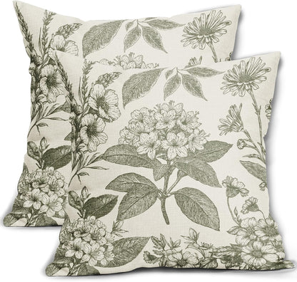Sage Green Floral Pillow Covers 18x18 Inch Set of 2 Spring Flower Pattern Print Vintage Decorative Throw Pillowcases Neutral Seasonal Outdoor Rustic Farmhouse Cushion Cases Decor for Sofa Couch Bed