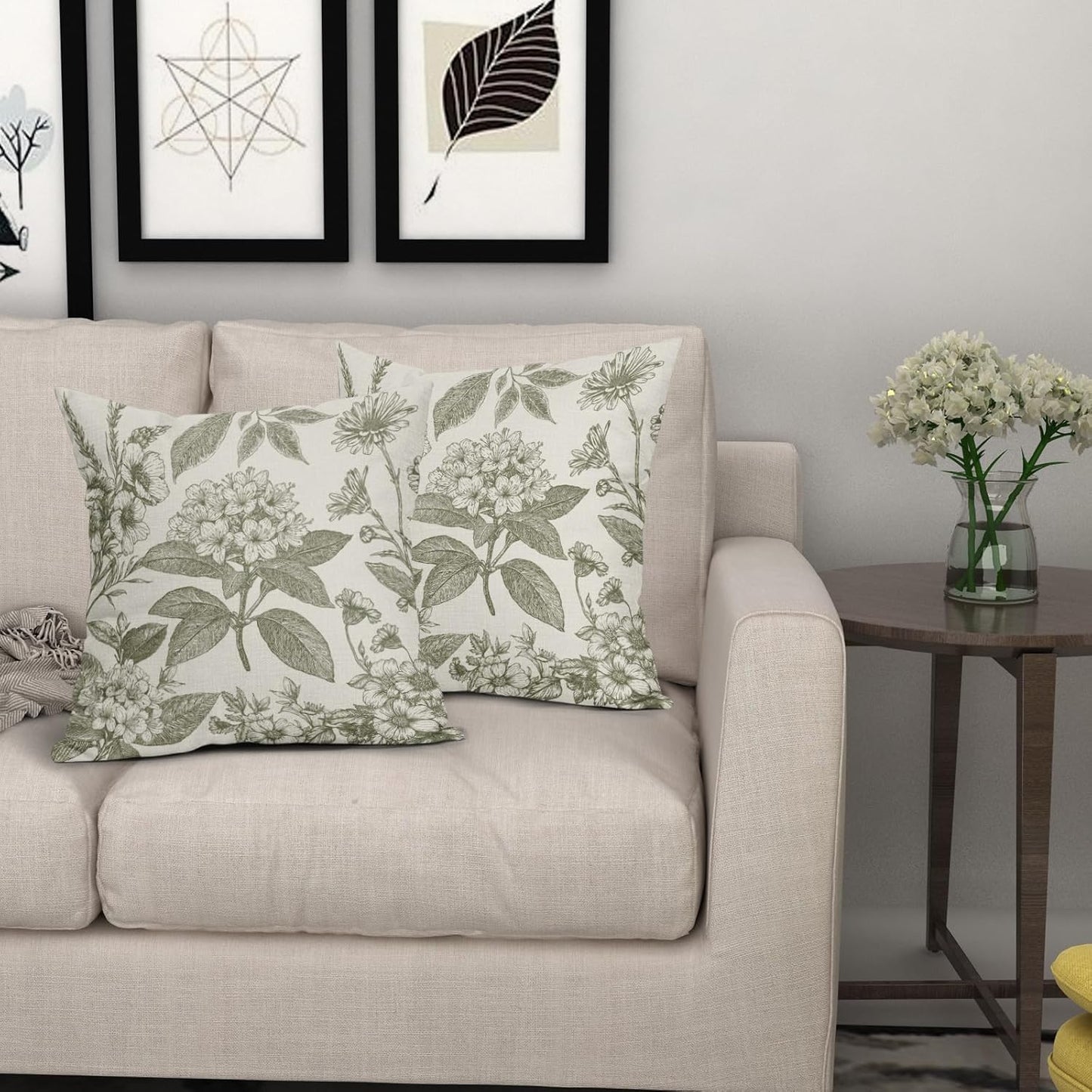 Sage Green Floral Pillow Covers 18x18 Inch Set of 2 Spring Flower Pattern Print Vintage Decorative Throw Pillowcases Neutral Seasonal Outdoor Rustic Farmhouse Cushion Cases Decor for Sofa Couch Bed