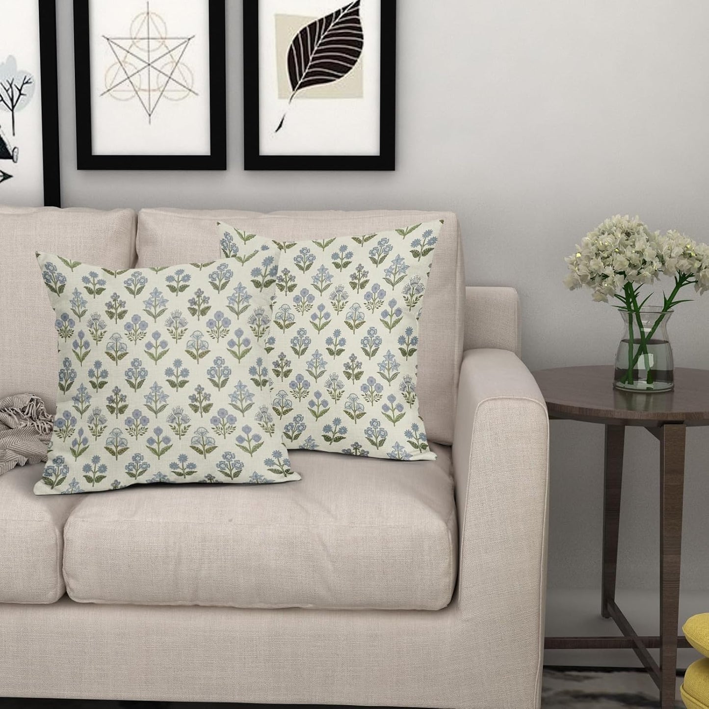 Blue Green Block Print Pillow Covers 18x18 Inch Set of 2, Vintage Floral Spring Decorative Throw Pillow Cases Boho Cushion Covers Rustic Decoration Gift Farmhouse Sofa Couch Bed Decor